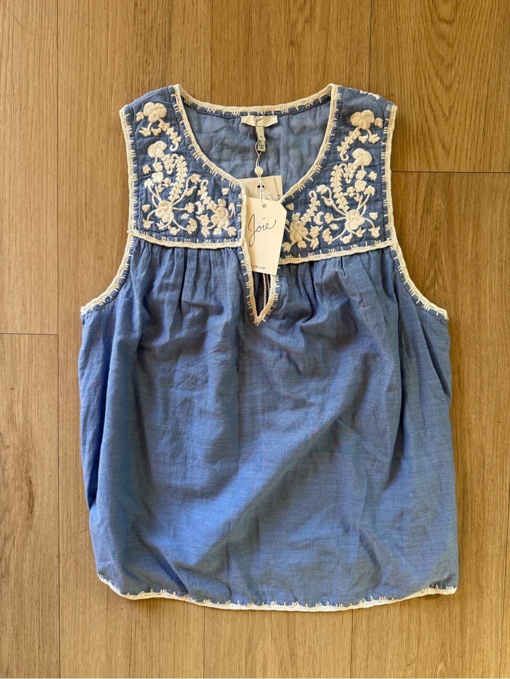 NWT Joie Blue Sleeveless Cotton Embroidered Yoke Tank
